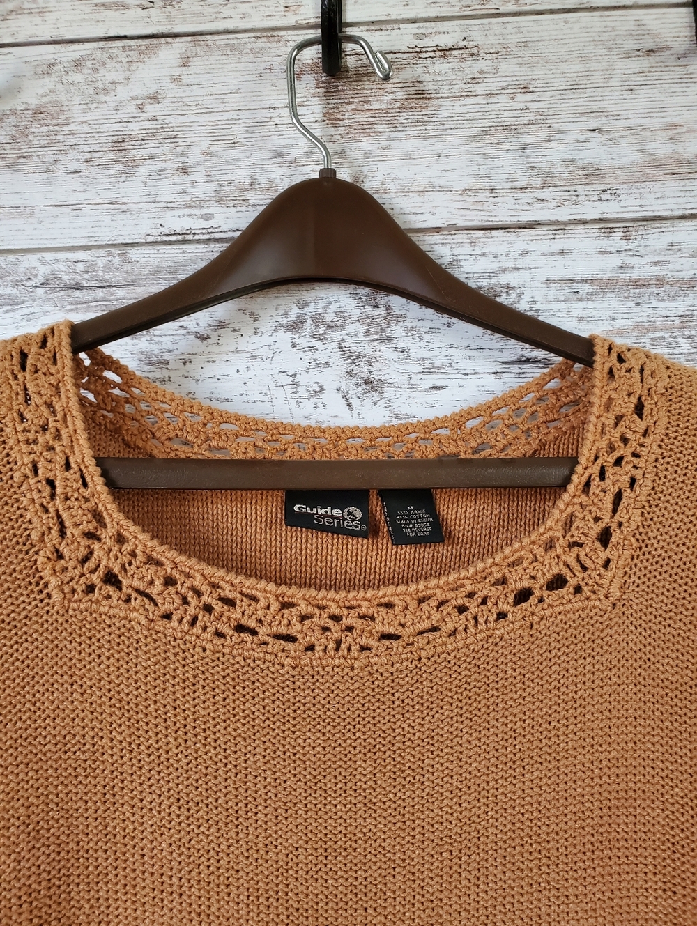 Guide Series Toffee Brown Knit Short Sleeve Top Crochet Neck - Picture 5 of 11